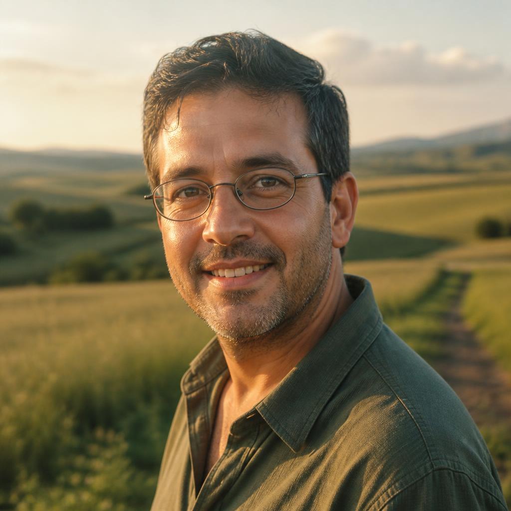 Marcos Vieira, editor-chefe do Radar do Bicho, de óculos em um campo aberto ao entardecer