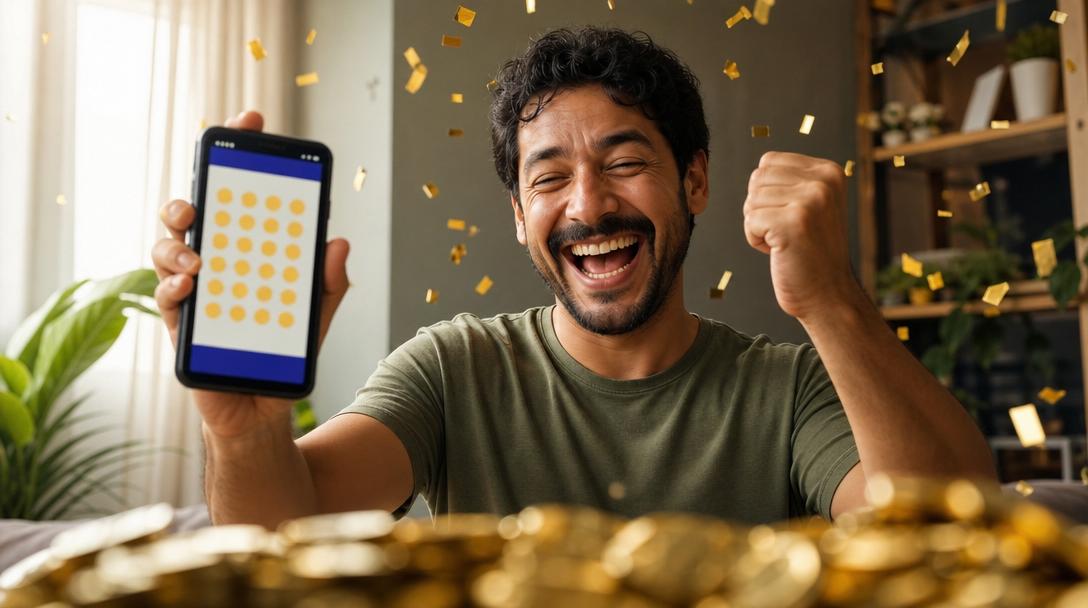 Homem comemorando vitória na Lotofácil com moedas de ouro caindo